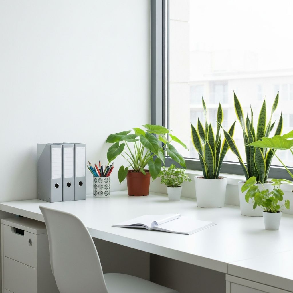 Moderner Arbeitsplatz mit botanischen Elementen